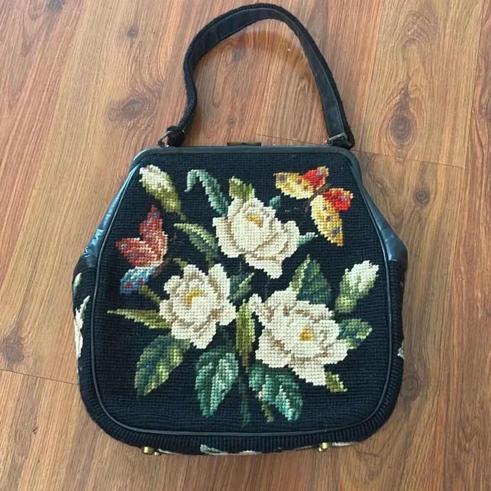 Stunning Vintage 1950s needlepoint rose floral handbag black cream